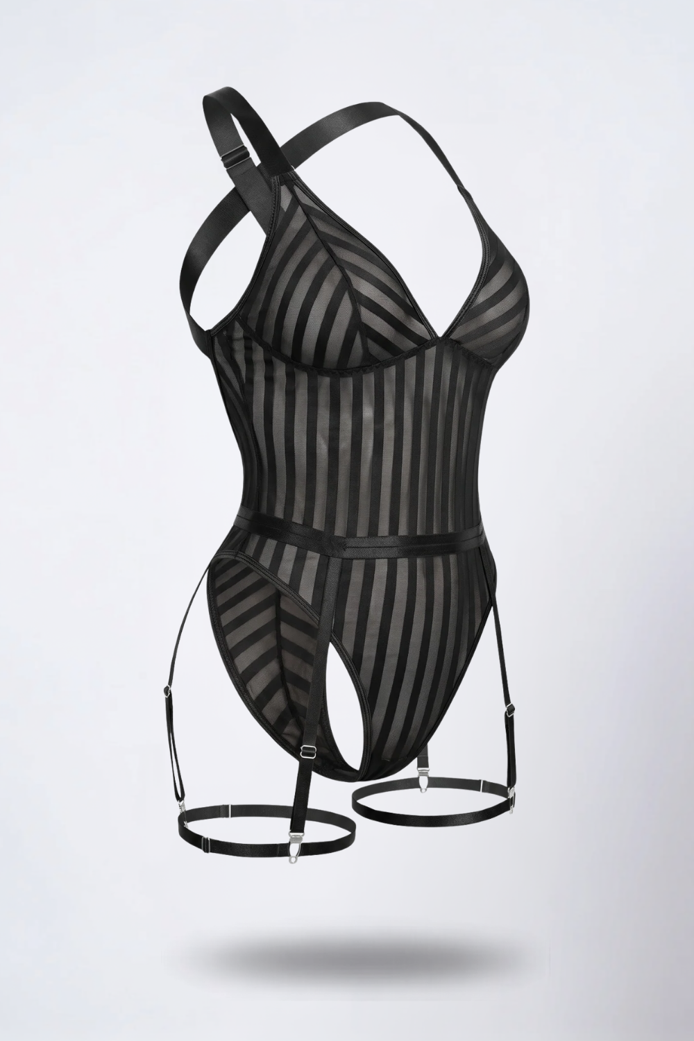 Sheer striped silhouette bodysuit in black