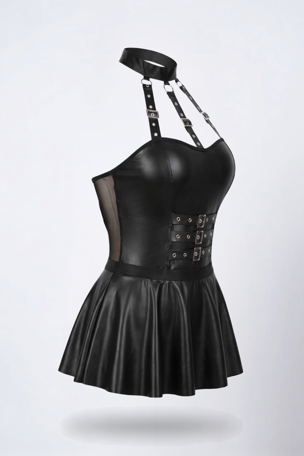Buckled grain finish mini dress in black