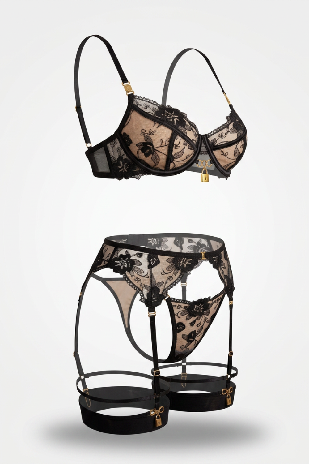 Embroidered garter lace – Three-piece lingerie set