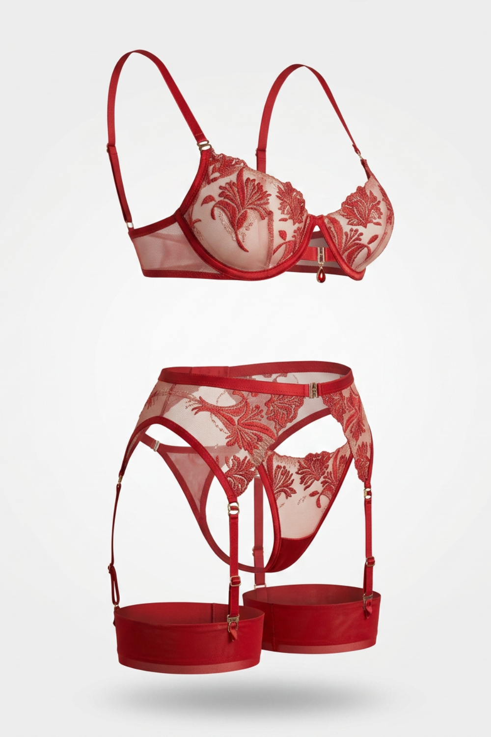 Floral embroidered garter – Four-piece lingerie set