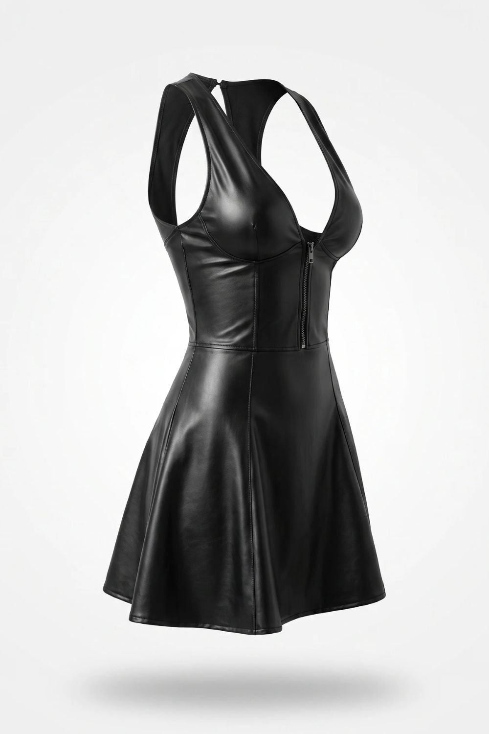 Sheer plunge faux leather – A-line dress