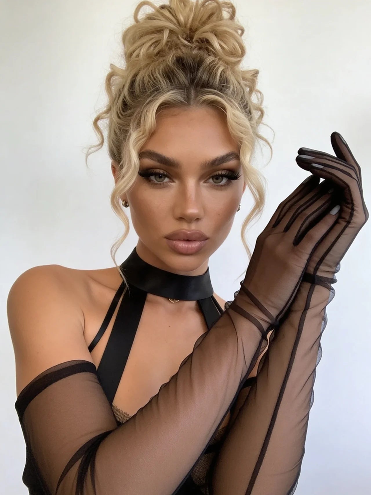 Sheer mesh long sleeve gloves