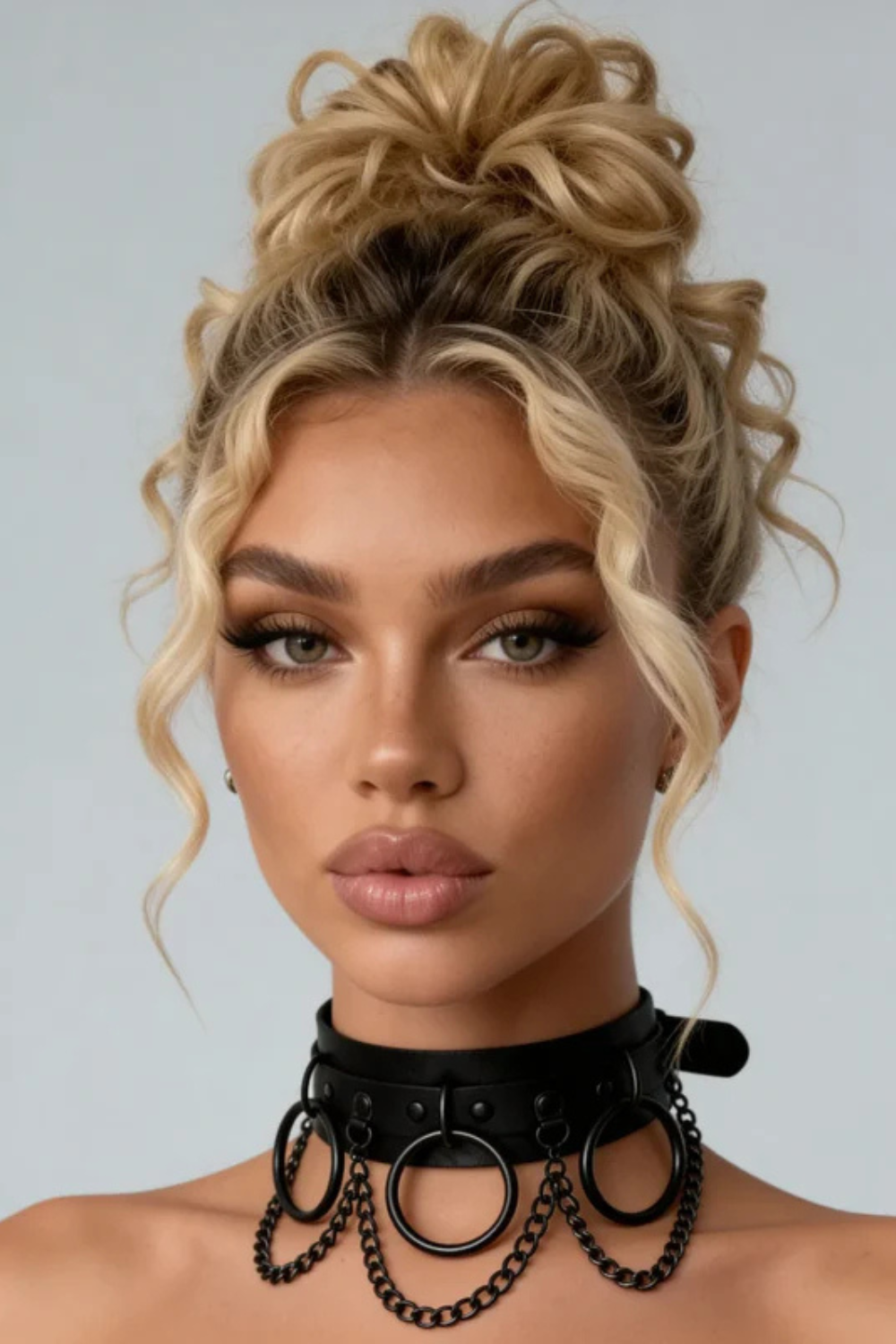Model wearing chain detail ring choker in black