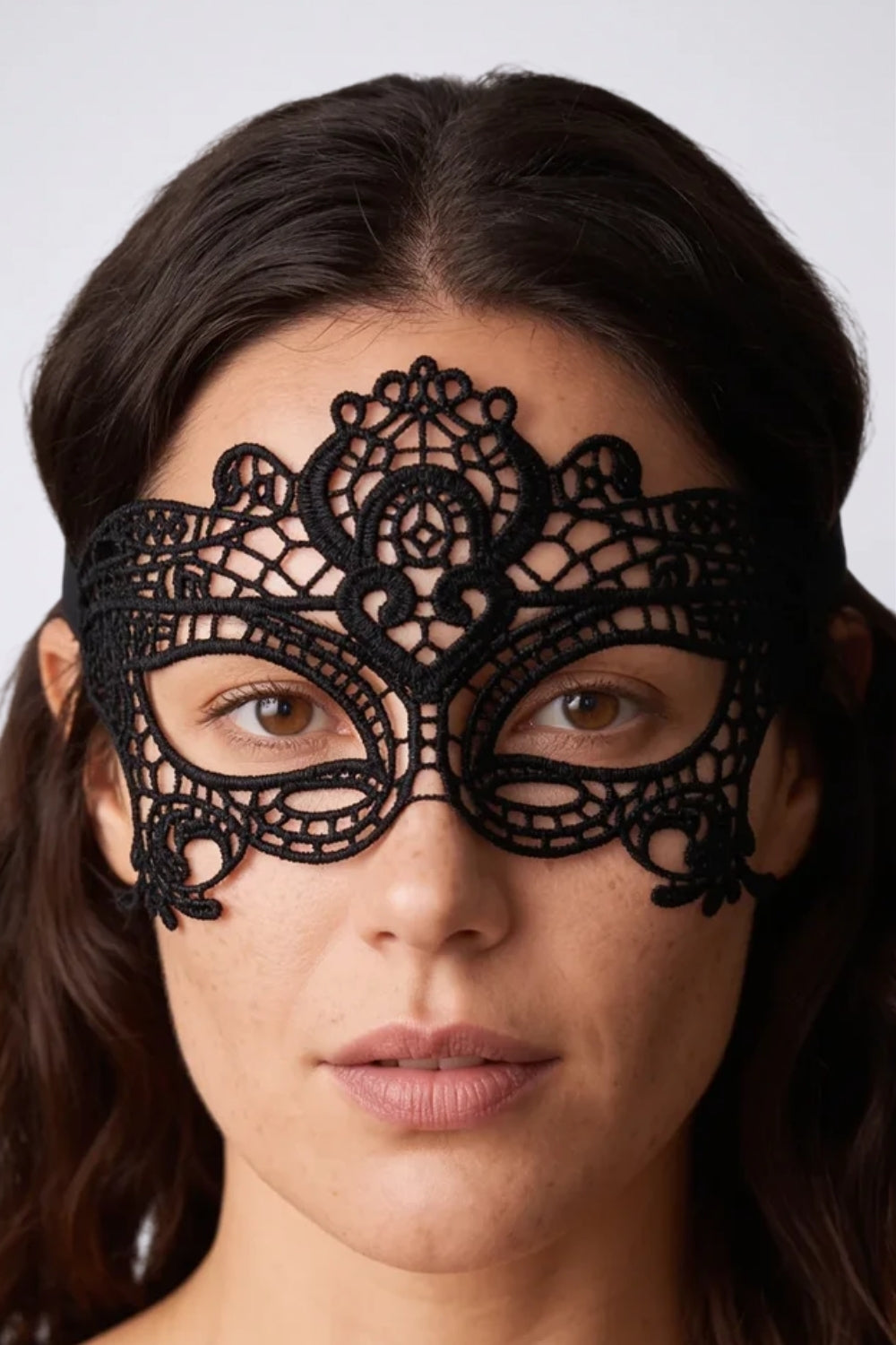 Model wearing lace cutout eye detail eye mask in black