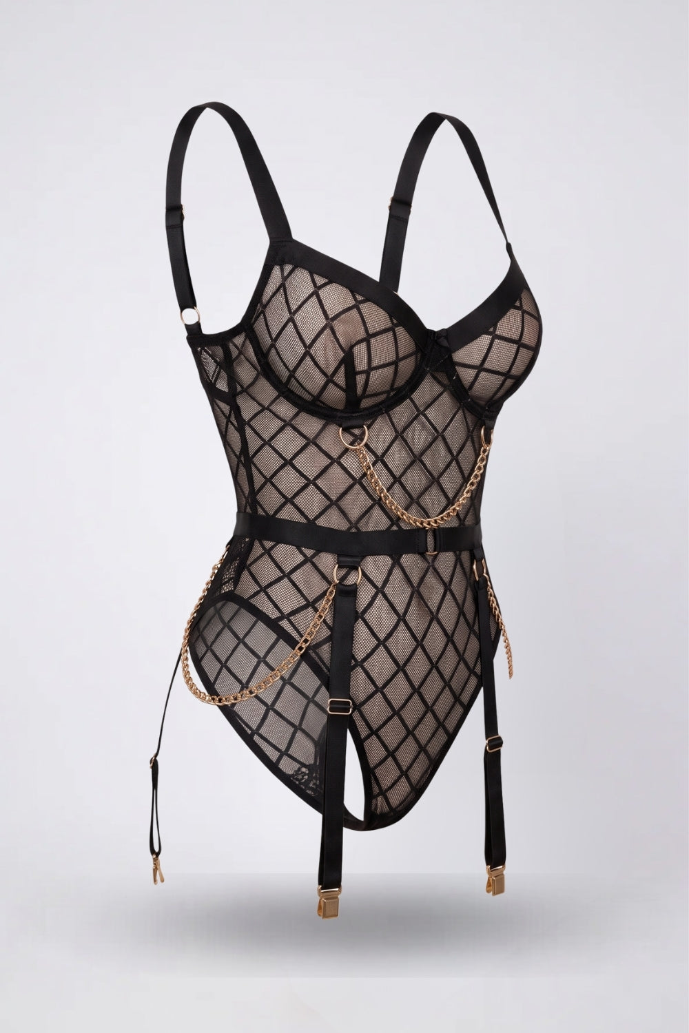 fishnet garter teddy bodysuit in black #Color_Black