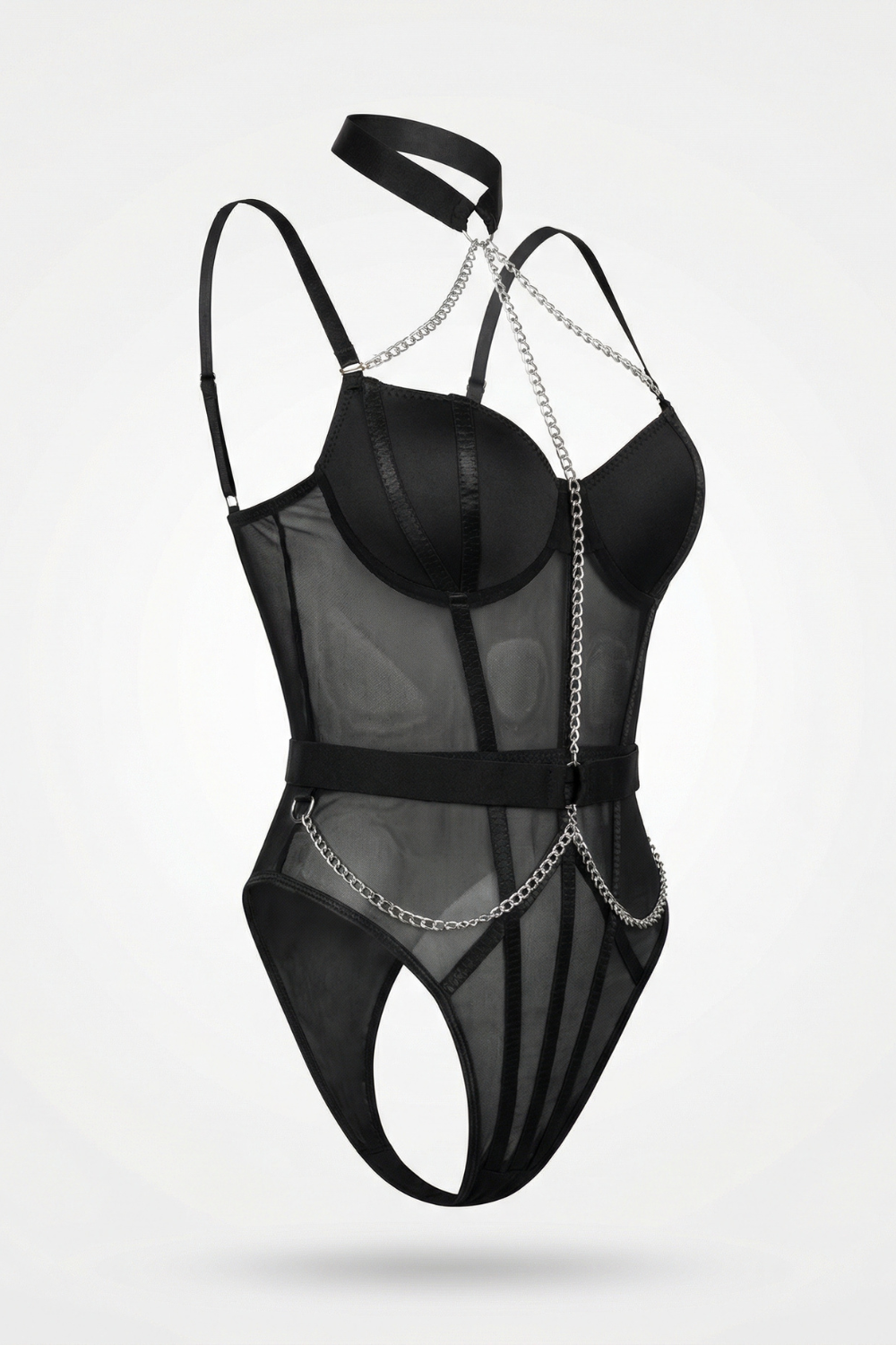Sheer mesh with chain accents bodysuit in black #Color_Black