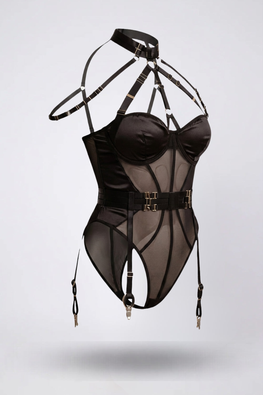sheer harness silhouette bodysuit in black #Color_Black