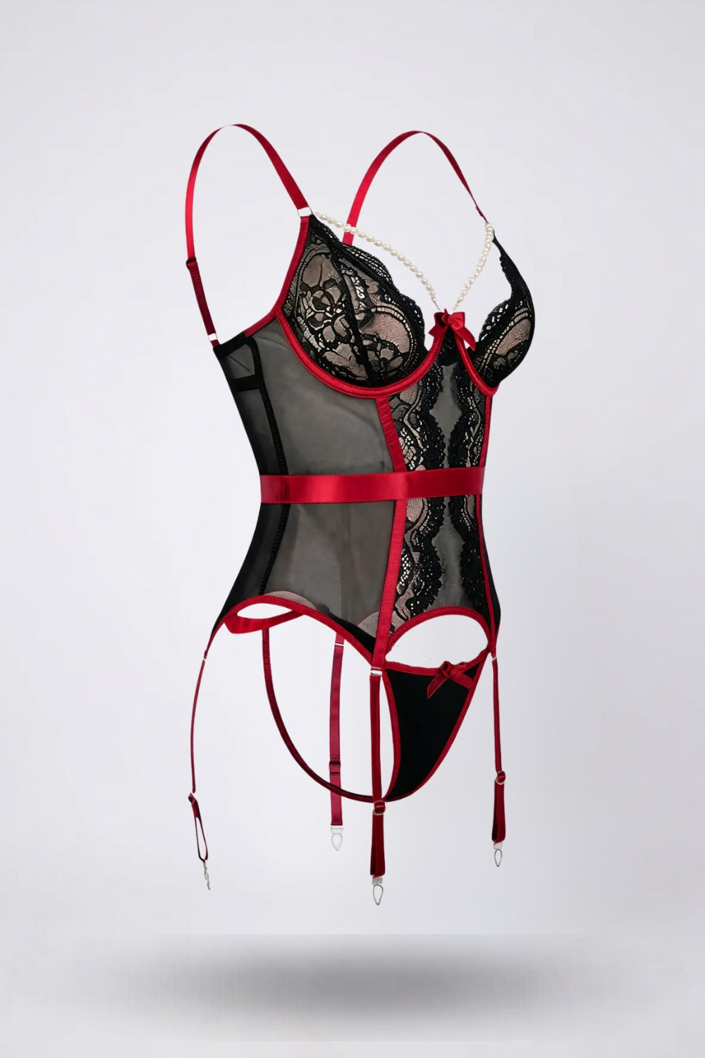 Sheer lace pearl accent garter bodysuit in black #Color_Black