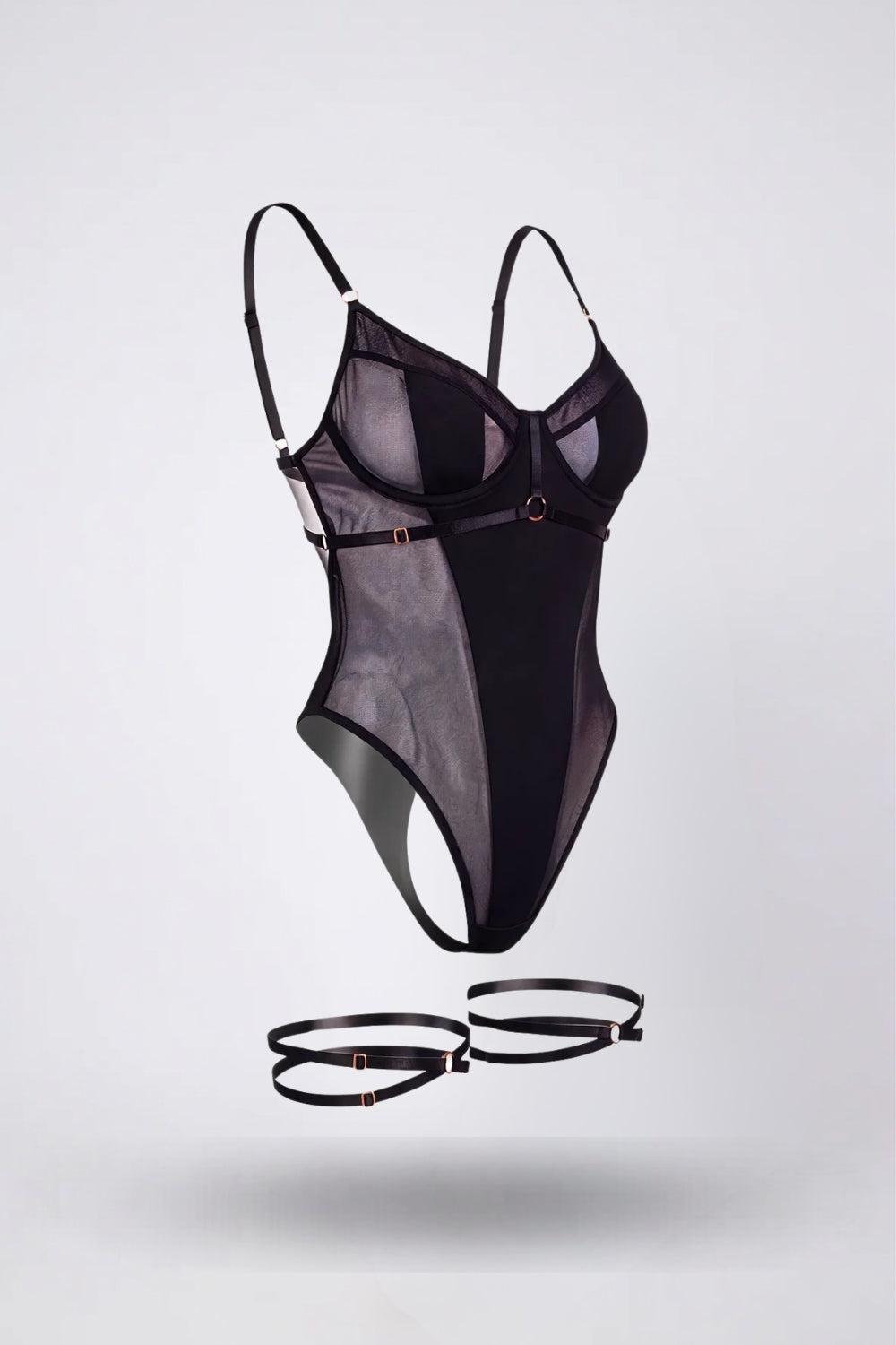 Sheer mesh with strappy detail bodysuit in black#Color_Black