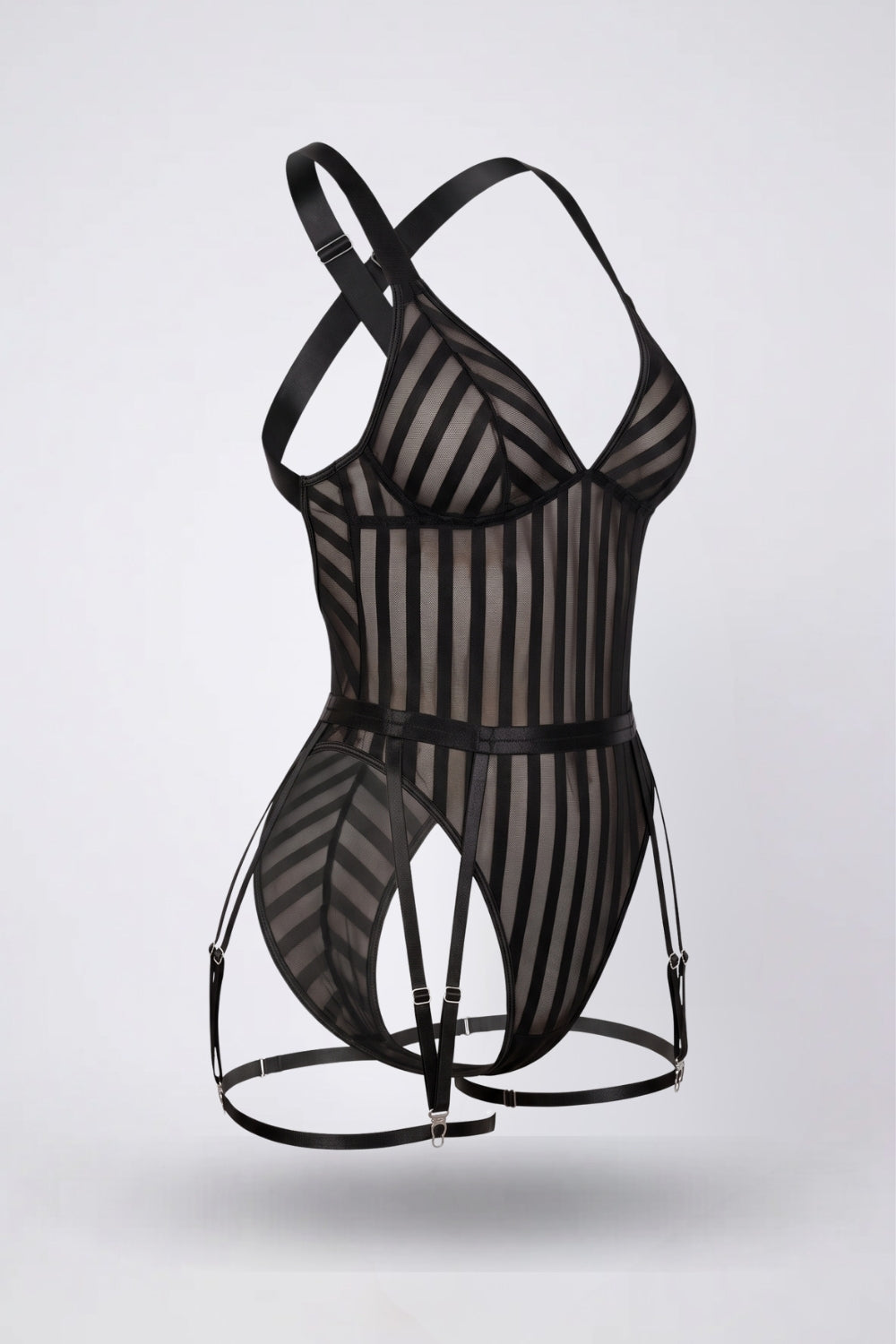 sheer striped silhouette bodysuit in black #Color_Black