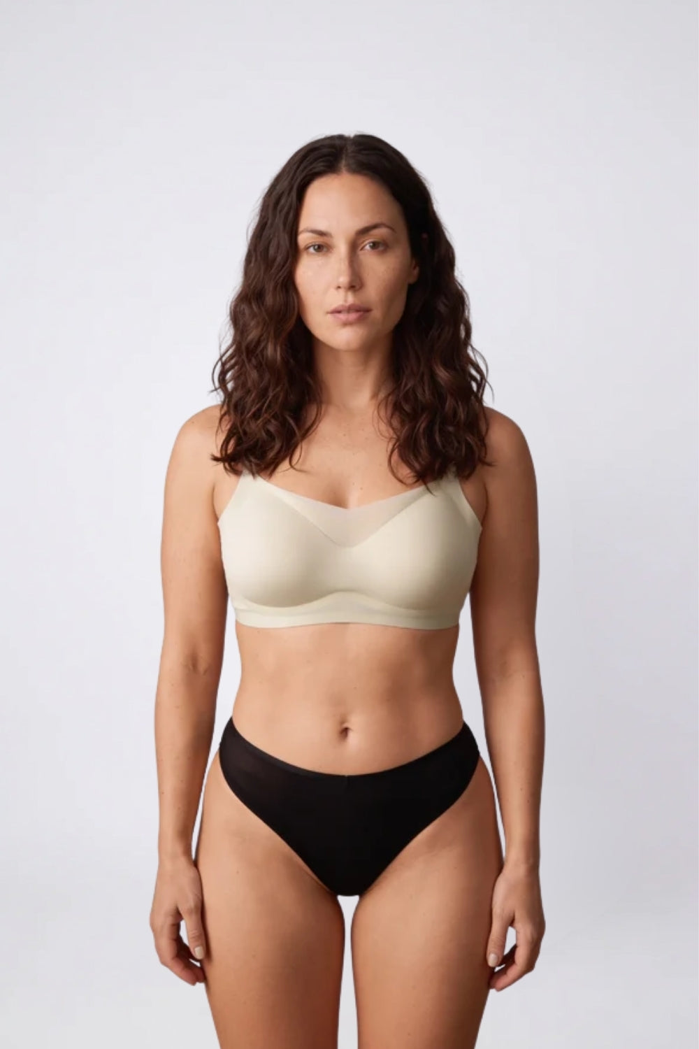 Model wearing cooling seamless wireless bralette in nude, alternate view#Color_Nude