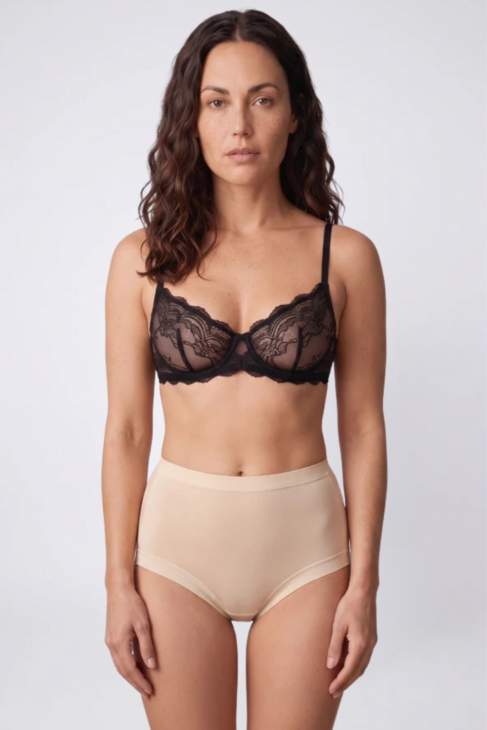 Model wearing soft modal high-rise briefs in beige, alternate view#Color_Beige