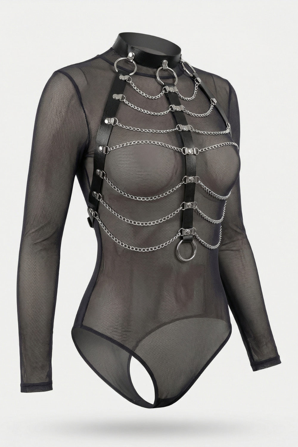 Layered chain choker chest harness in black #Color_Black
