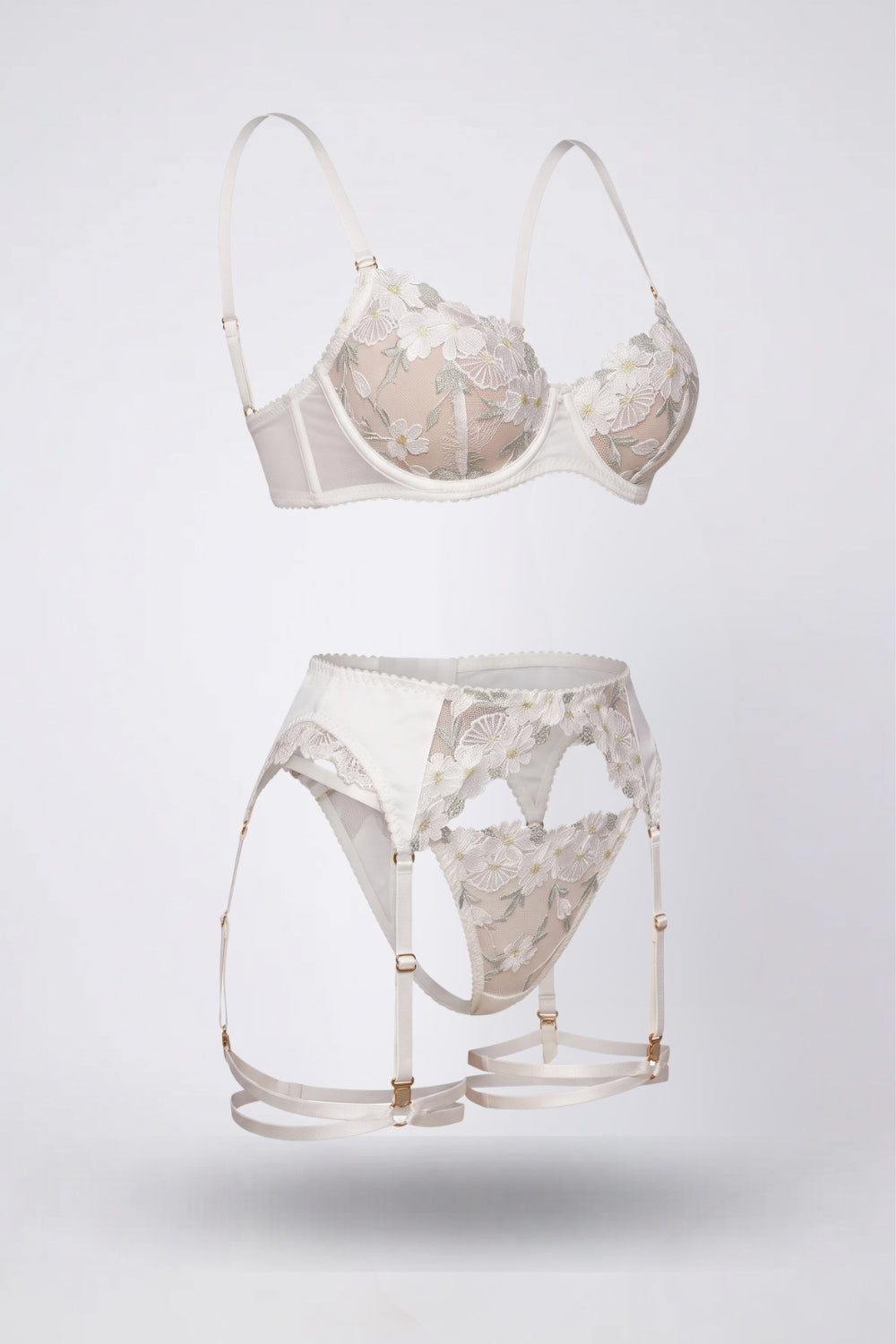 botanical embroidered allure four-piece lingerie set in white #Color_White