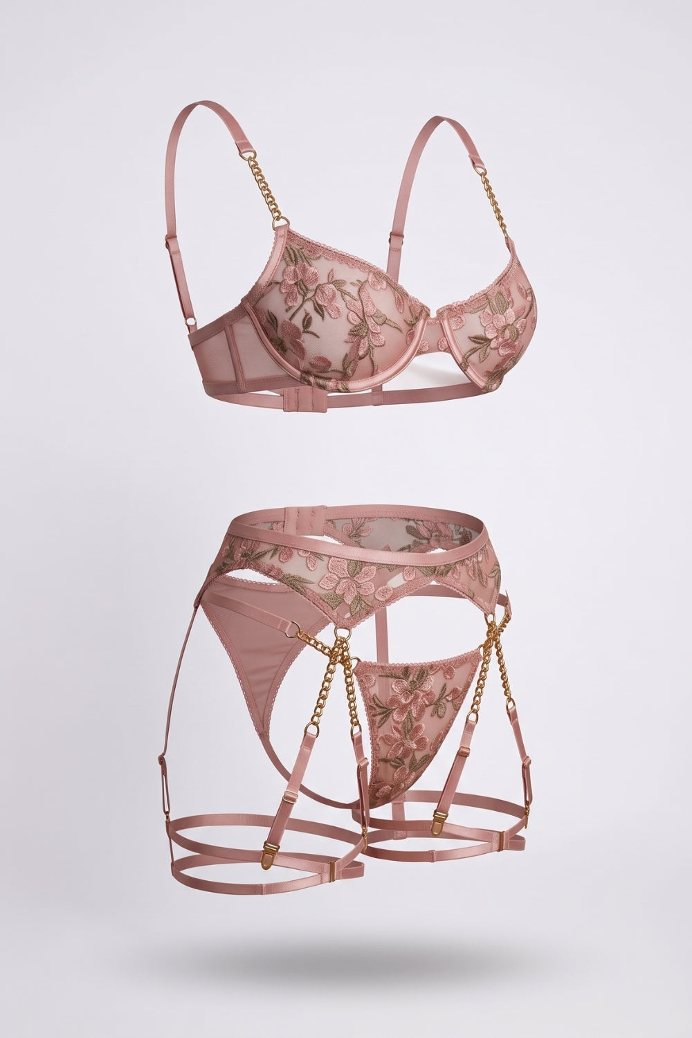 chain accent floral embroidery four-piece lingerie set in pink #Color_Pink