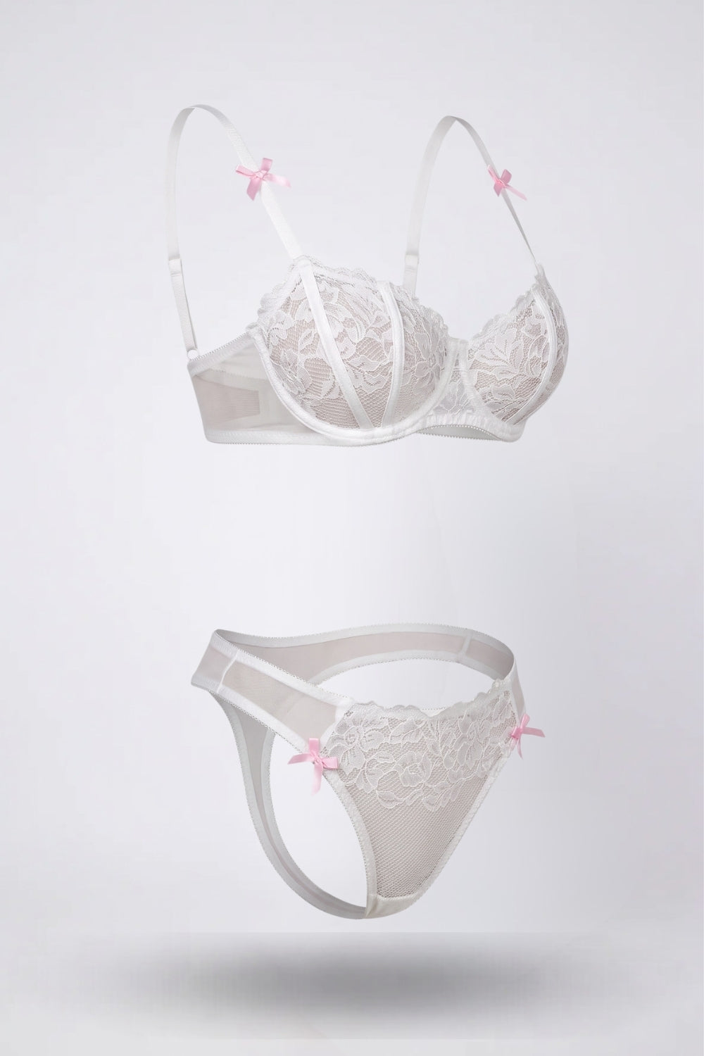 delicate lace bow two-piece lingerie set in white #Color_White