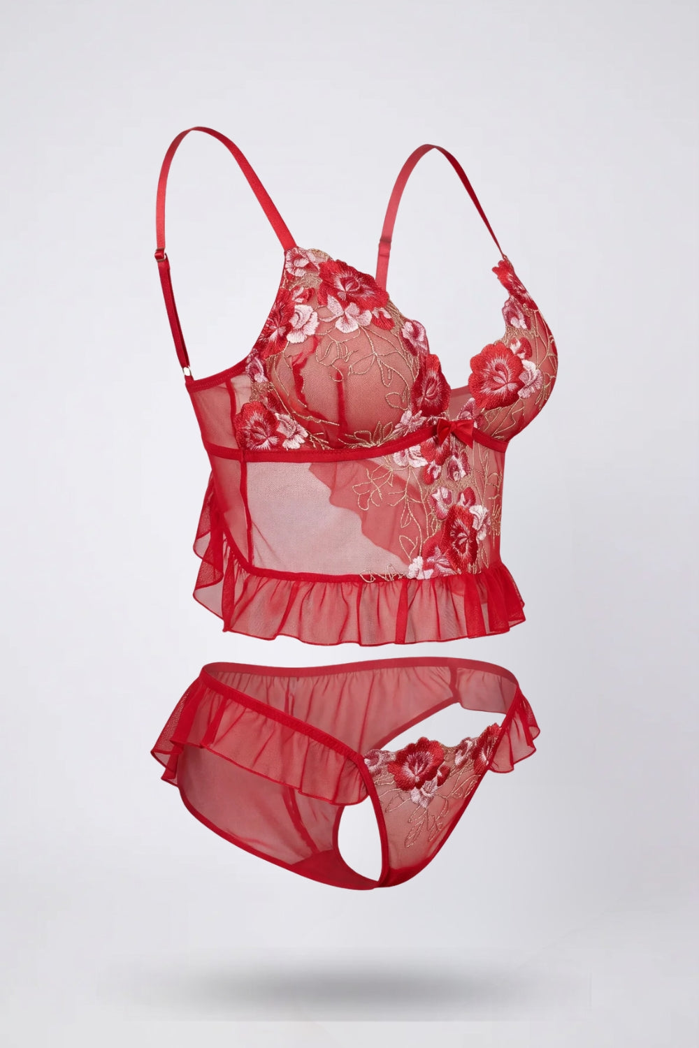 Embroidered lace camisole two-piece lingerie set in red#Color_Red