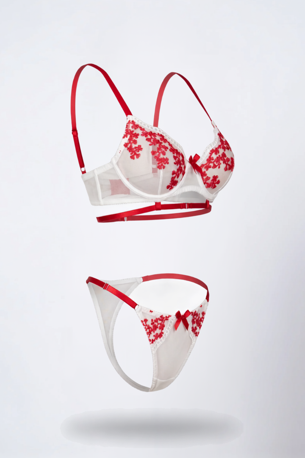 Embroidered sheer lace two-piece lingerie set in red #Color_Red