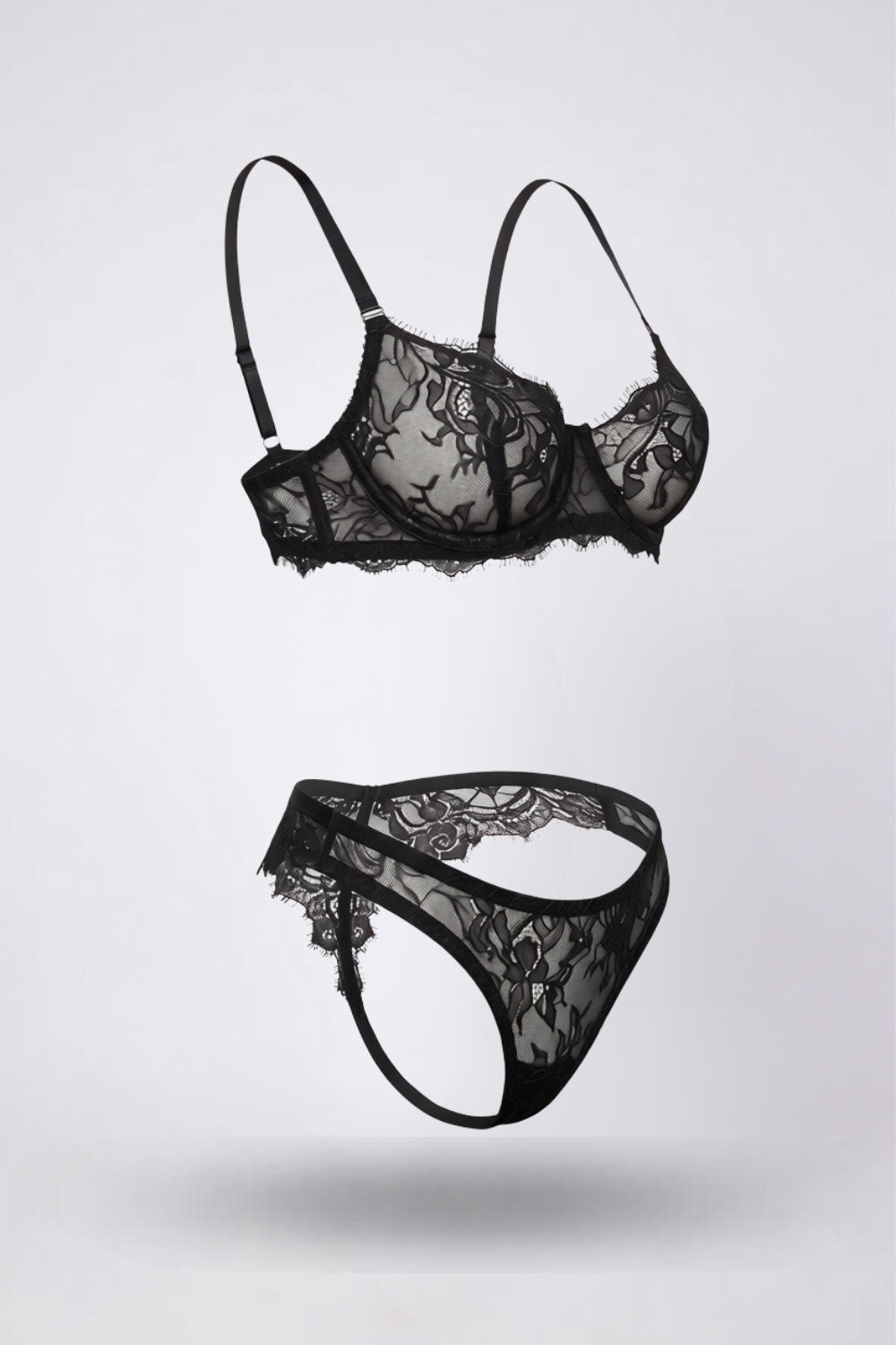 eyelash lace allure two-piece lingerie set in black #Color_Black