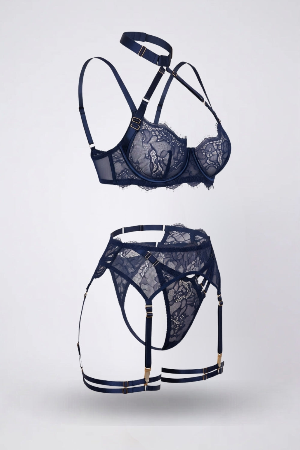 eyelash lace elegance four-piece lingerie set in dark blue #Color_Dark Blue