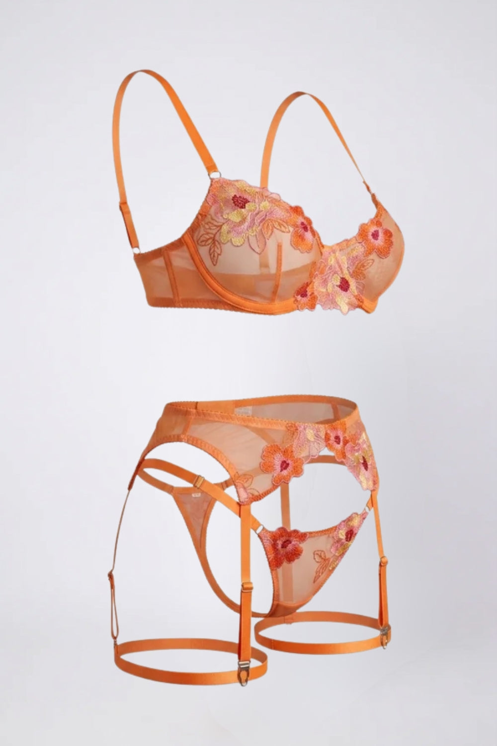 Floral embroidered garter four-piece lingerie set in orange#Color_Orange