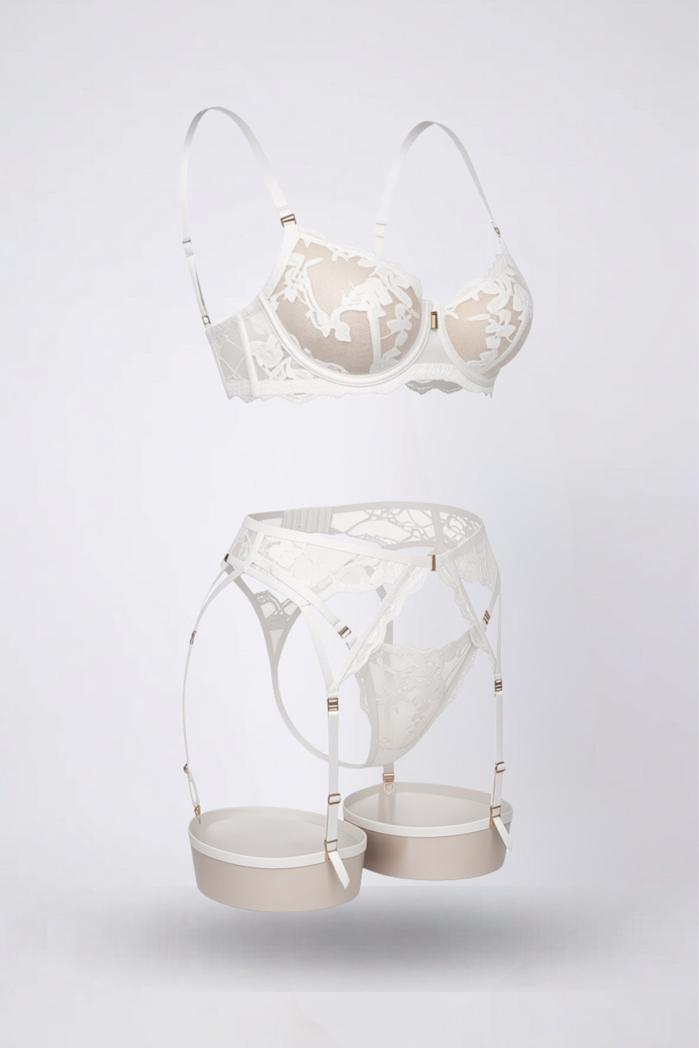 floral lace garter detail four-piece lingerie set in white #Color_White