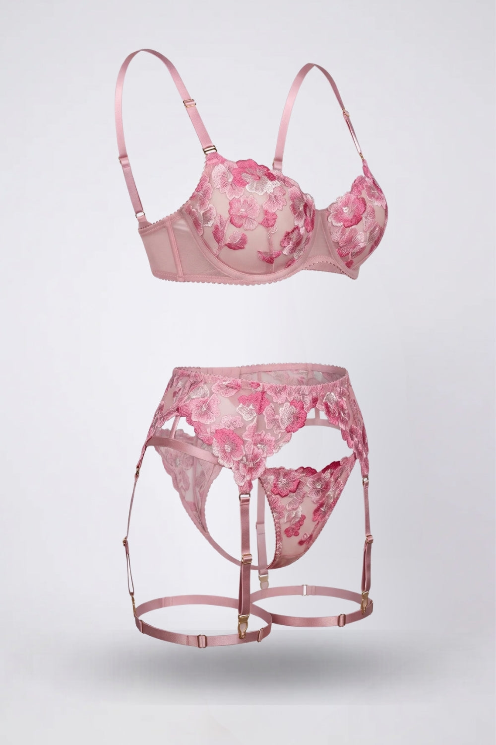floral embroidered garter four-piece lingerie set in pink #Color_Pink