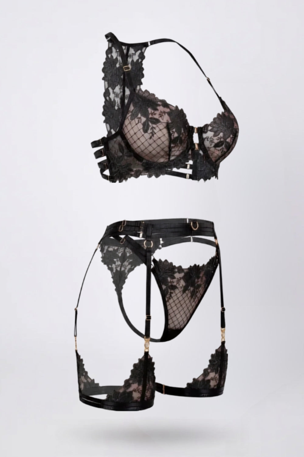 Floral lace garter allure lingerie set in black #Color_Black