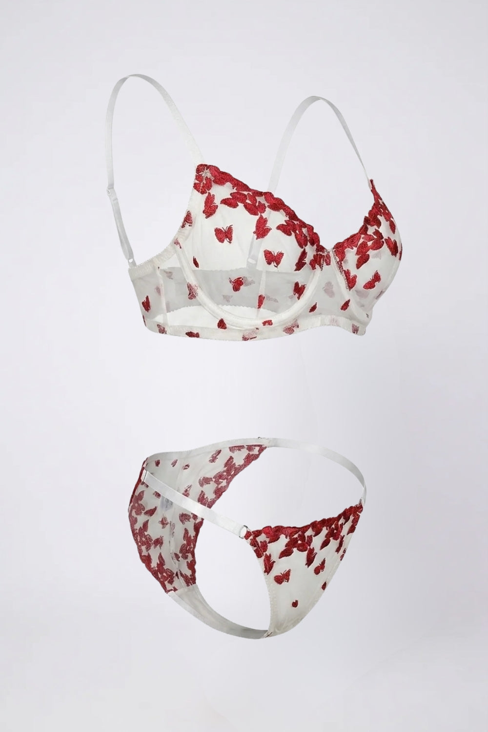 Heart embroidered sheer lingerie set in red #Color_Red