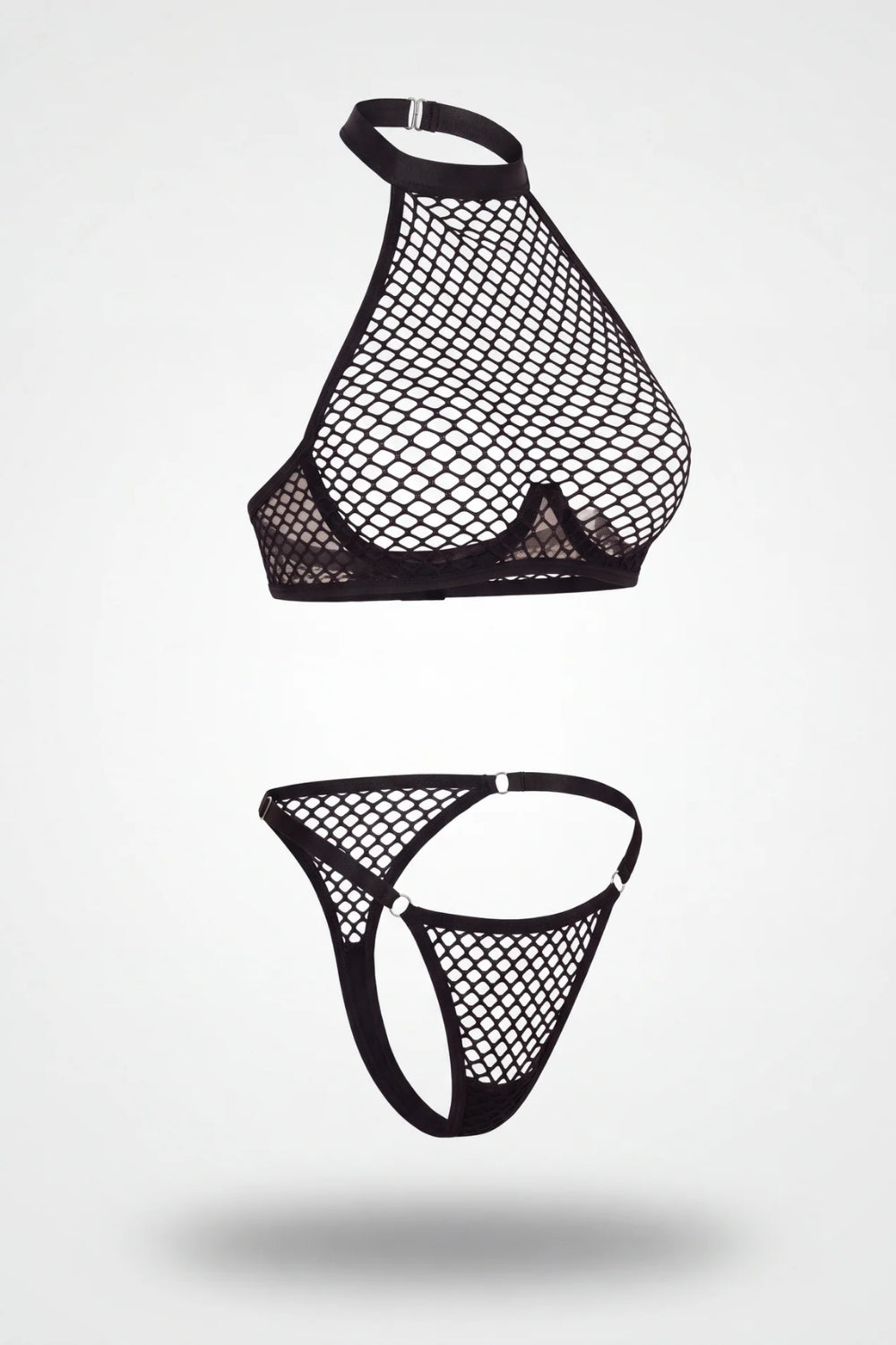 High neck fishnet two-piece lingerie set in black#Color_Black