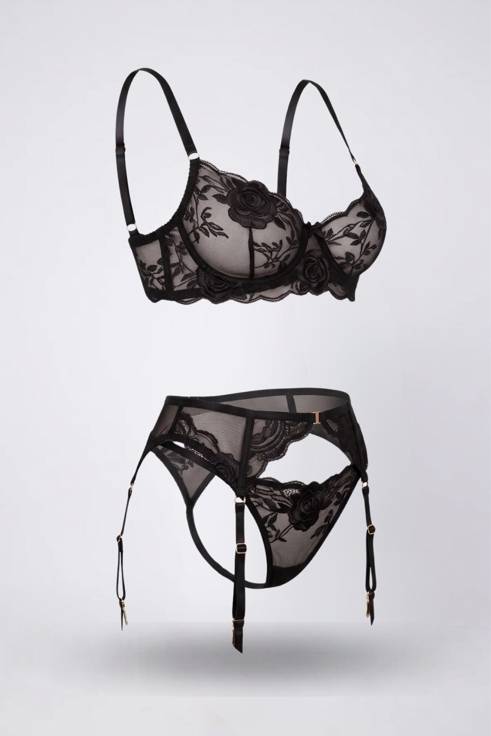noir rose elegance three-piece lingerie set in black #Color_Black