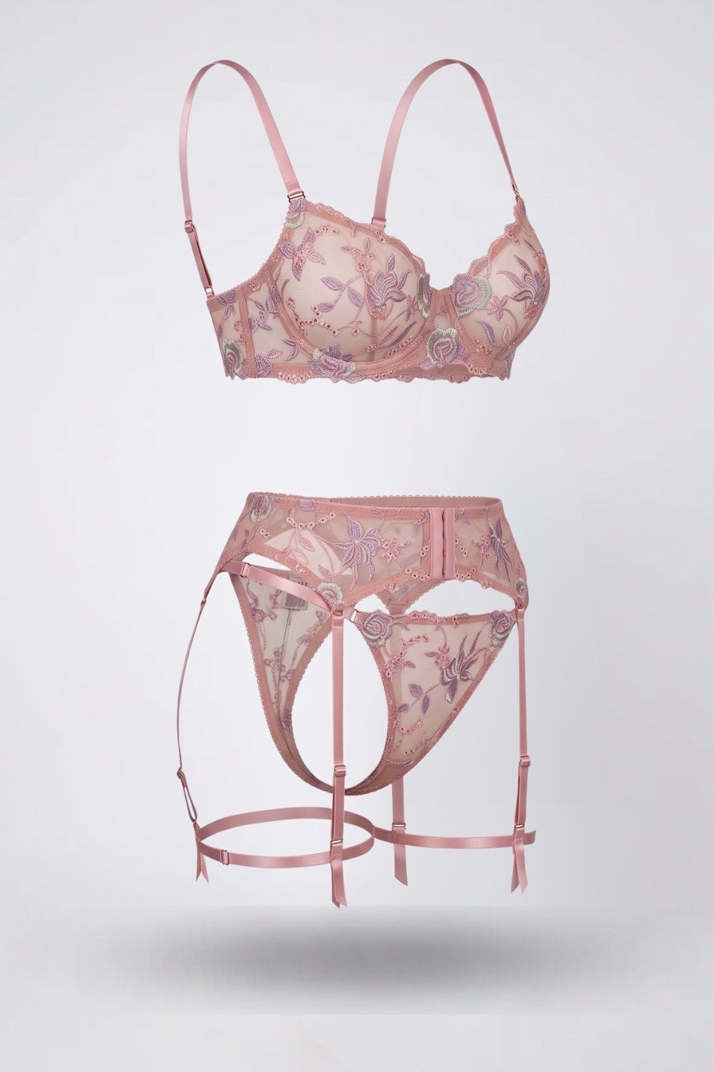 pastel embroidered romance three-piece lingerie set in light pink #Color_Light Pink