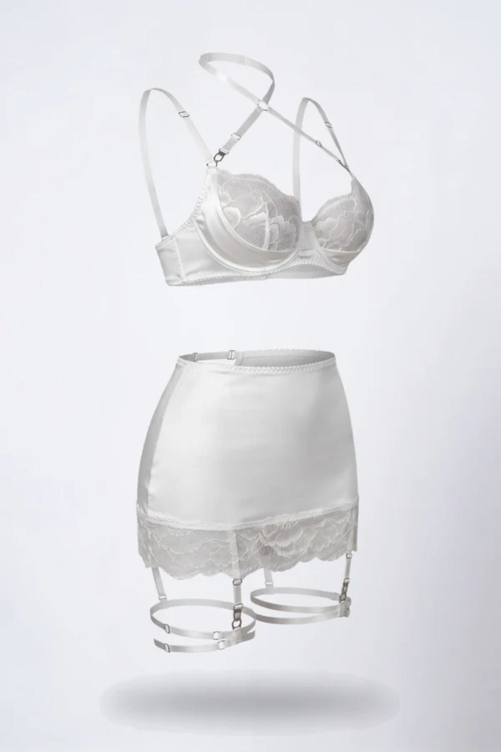 Satin lace garter three-piece lingerie set in white#Color_White