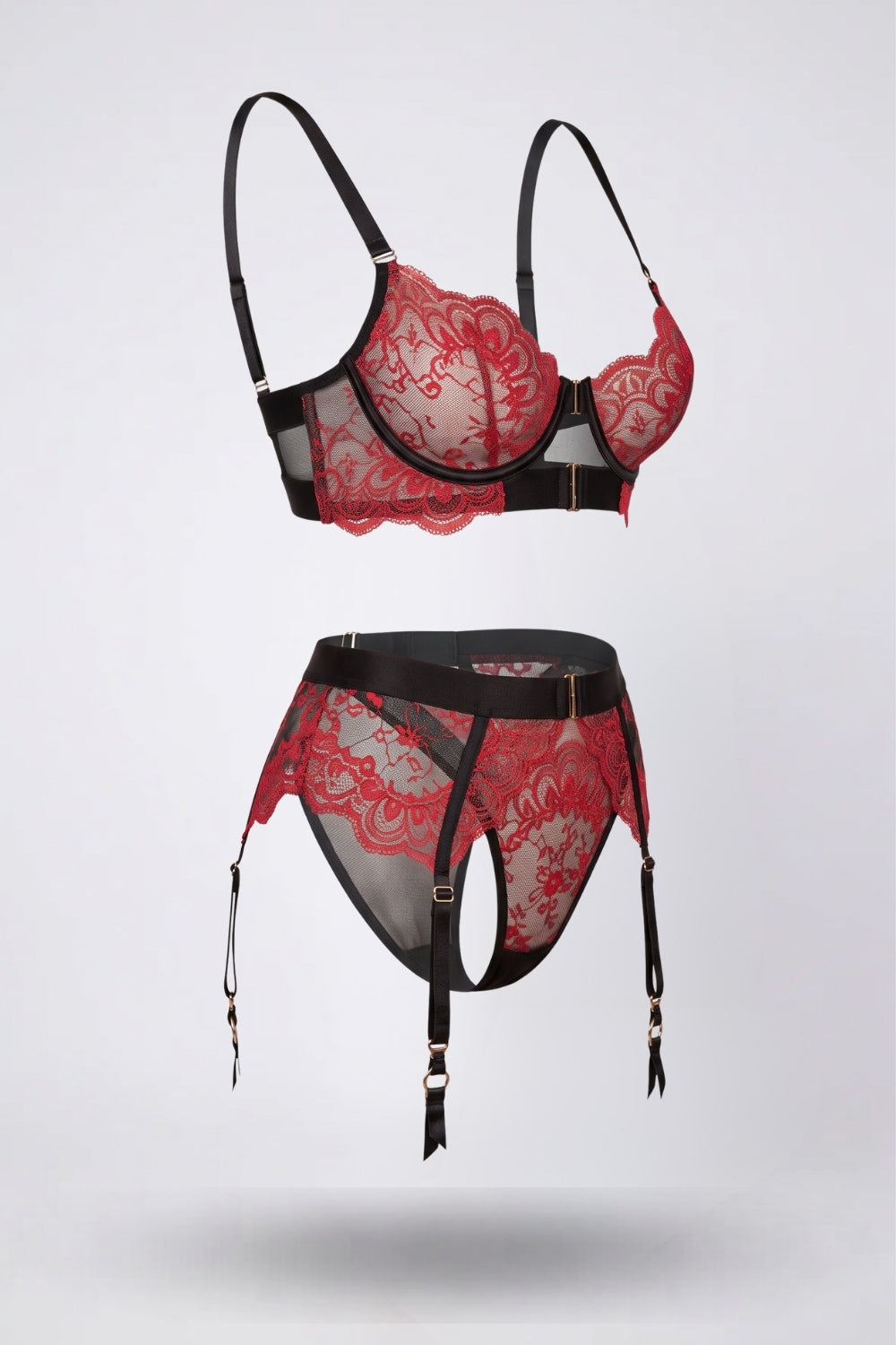 scalloped lace contrast four-piece lingerie set in red and black #Color_Red and Black