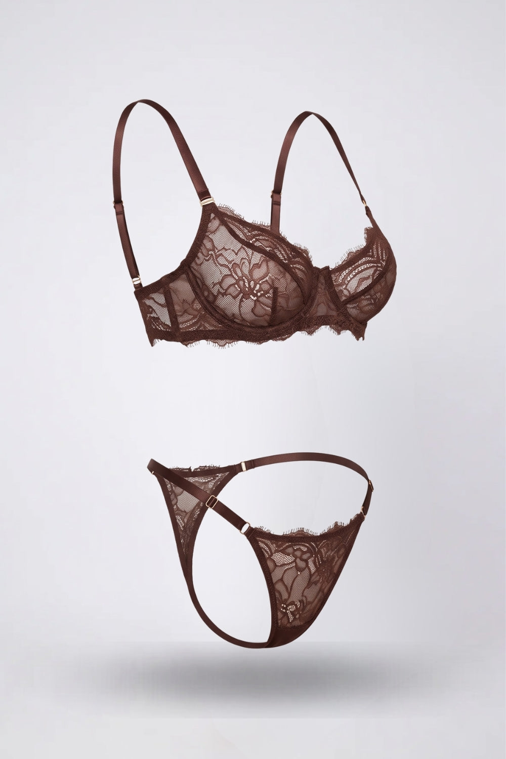 scalloped lace elegance two-piece lingerie set in brown #Color_Brown
