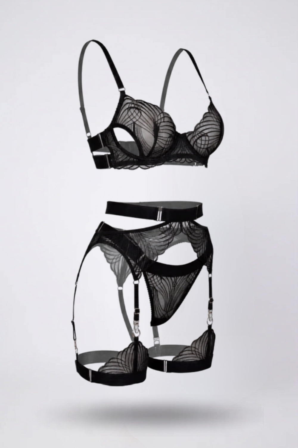 Sheer embroidered straps lingerie set in black #Color_Black