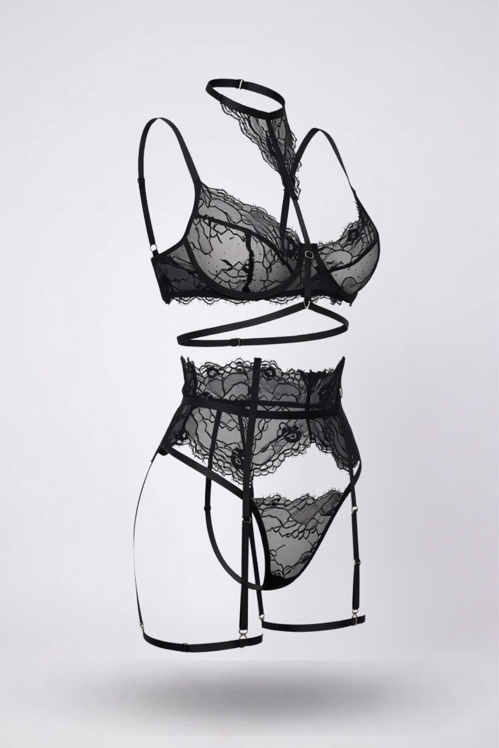 Sheer floral lace with garter straps four-piece lingerie set in black#Color_Black