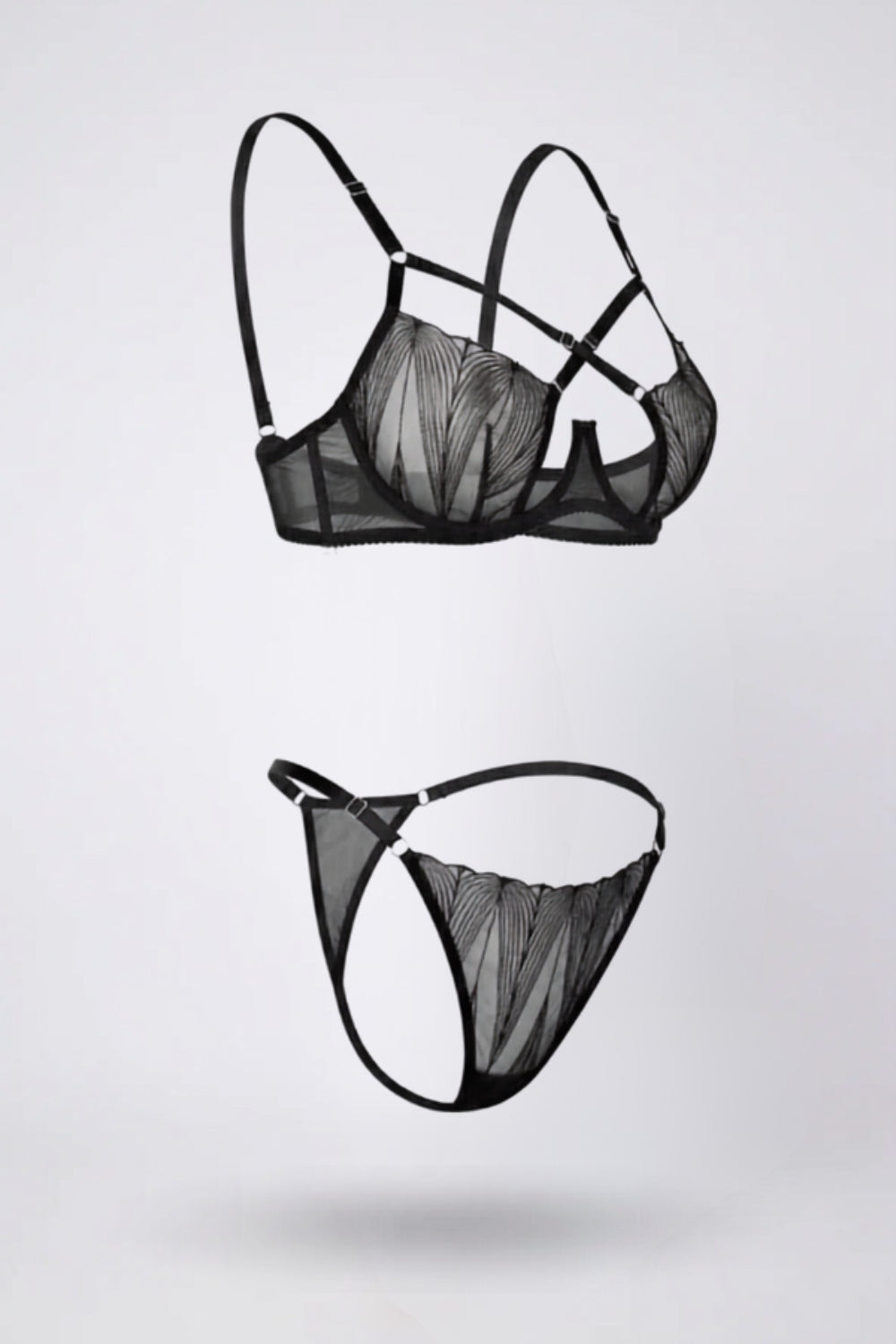 Sheer strap detail lingerie set in black