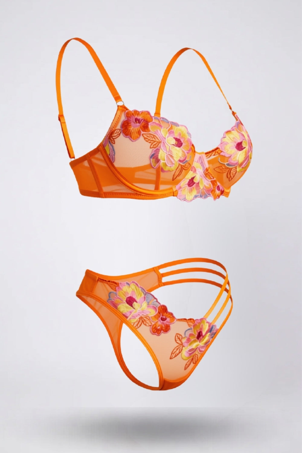 vibrant floral embroidery two-piece lingerie set in orange #Color_Orange