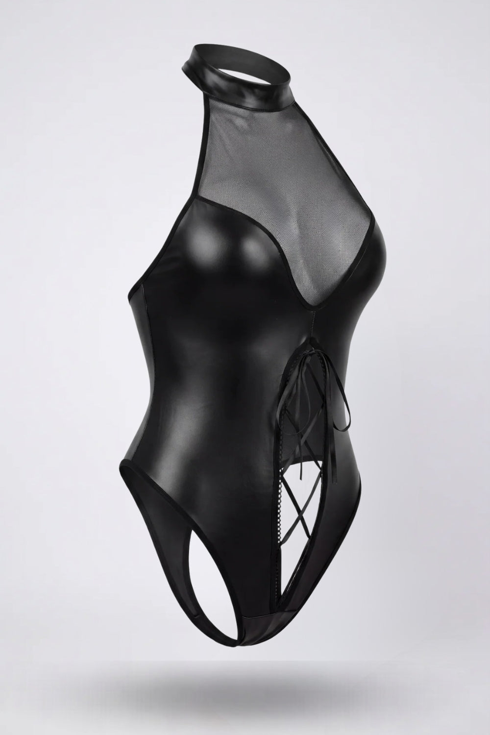 Sheer mesh lace-up bodysuit in black