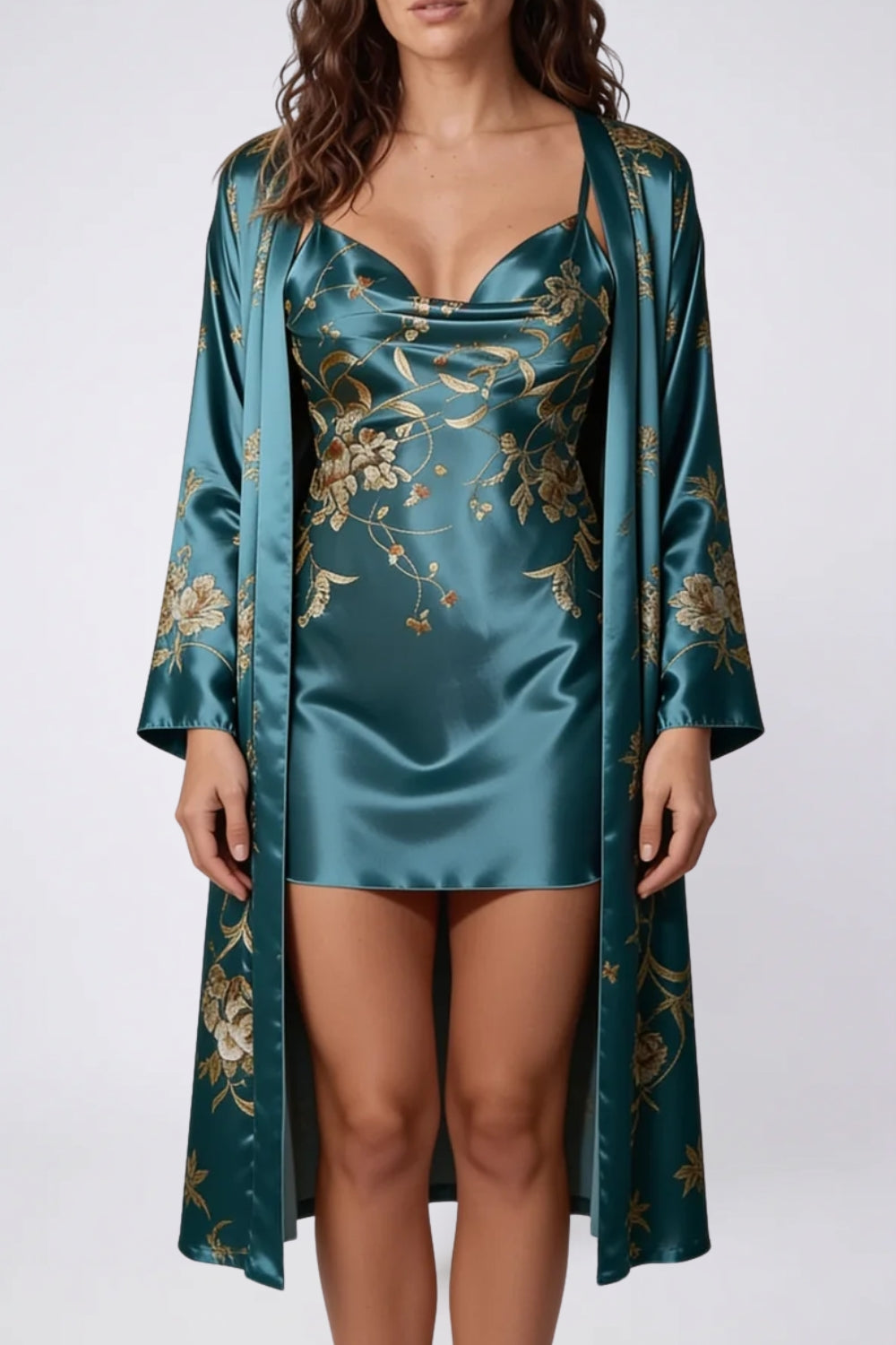 Floral satin drape slip dress in blue#Color_Blue