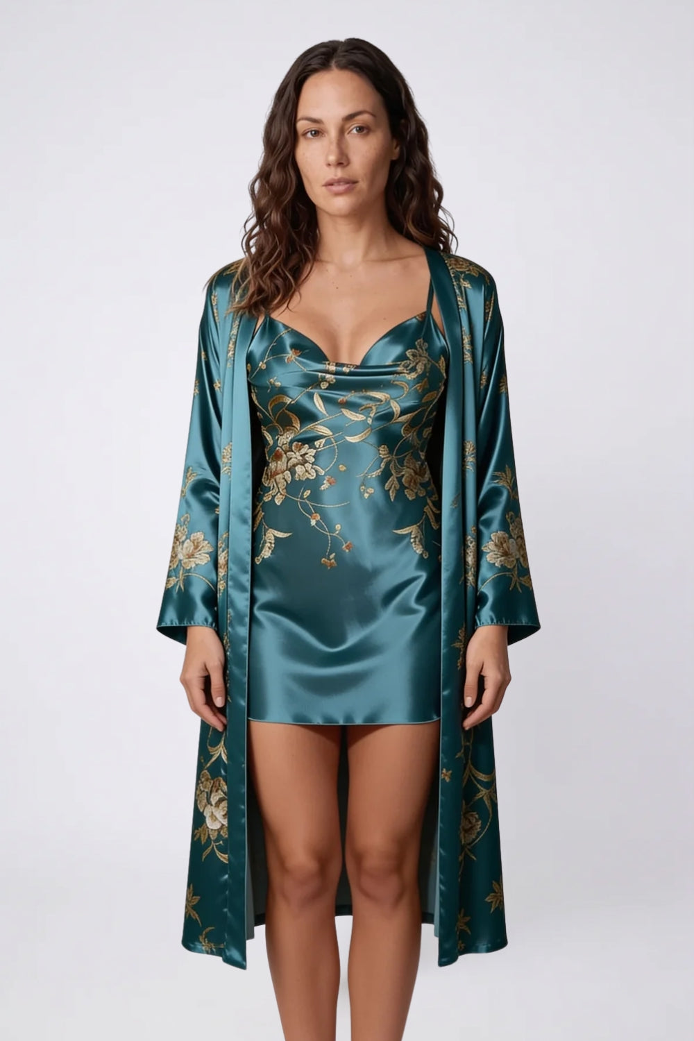 Model wearing floral satin drape slip dress in blue