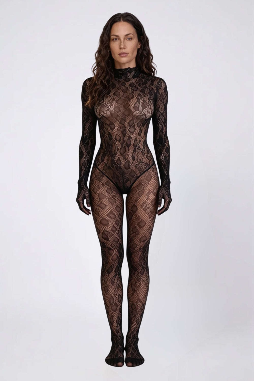 Model wearing floral lace open-back full bodystocking in black