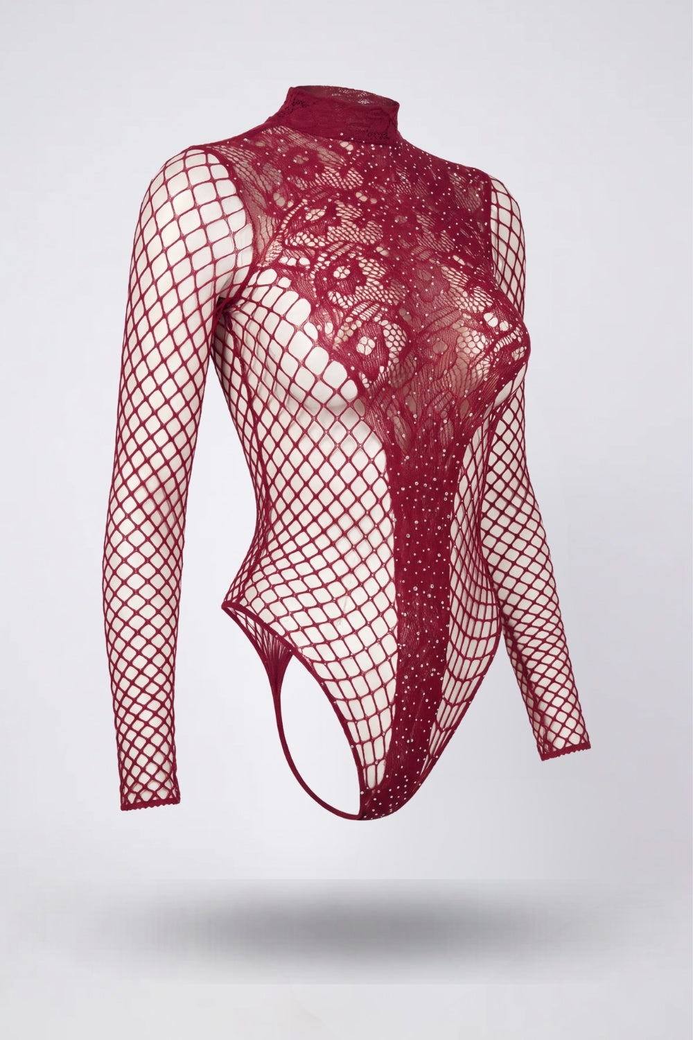 High-neck fishnet detail teddy bodysuit in burgundy#Color_Burgundy
