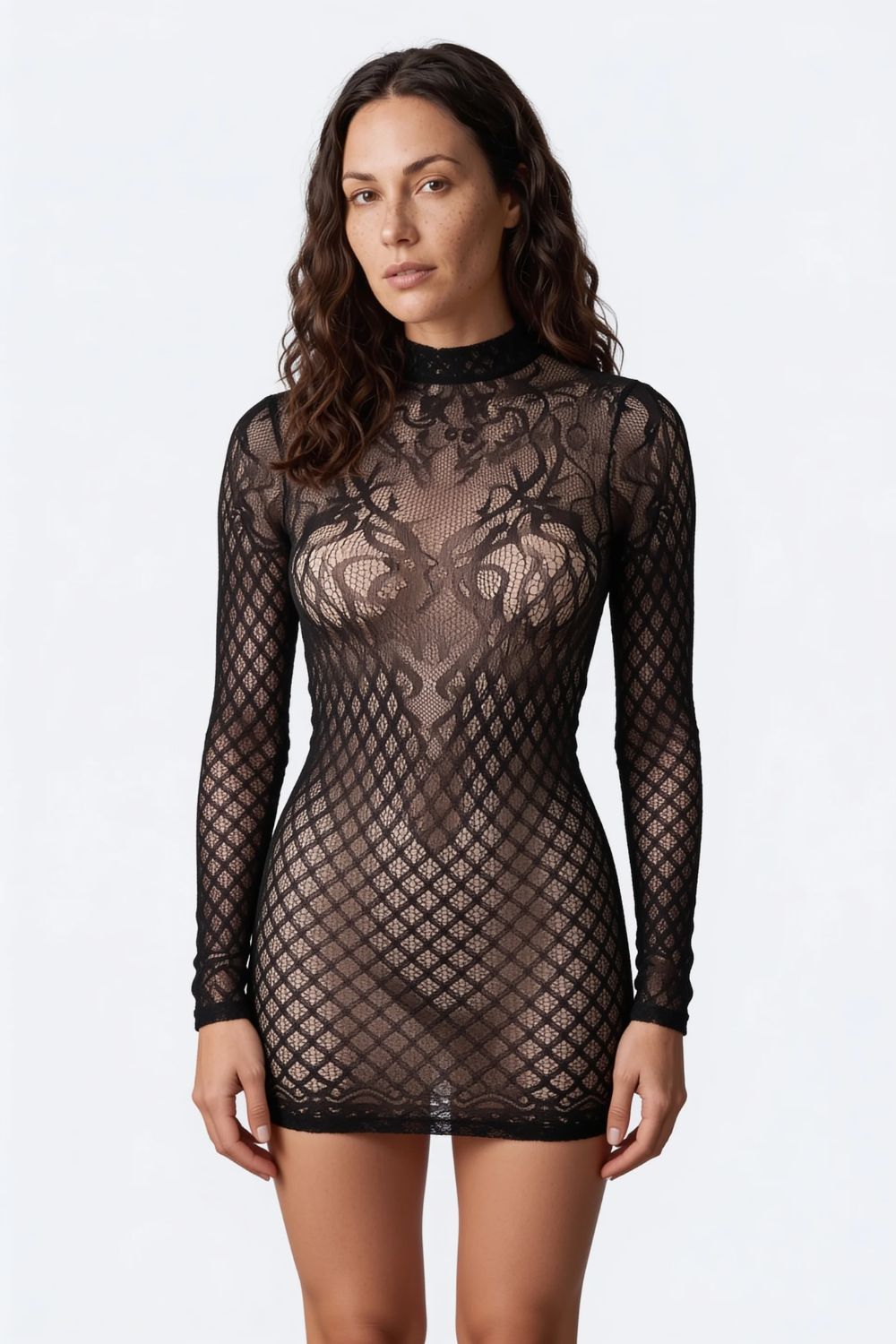 Model wearing high-neck open-back design bodystocking in black