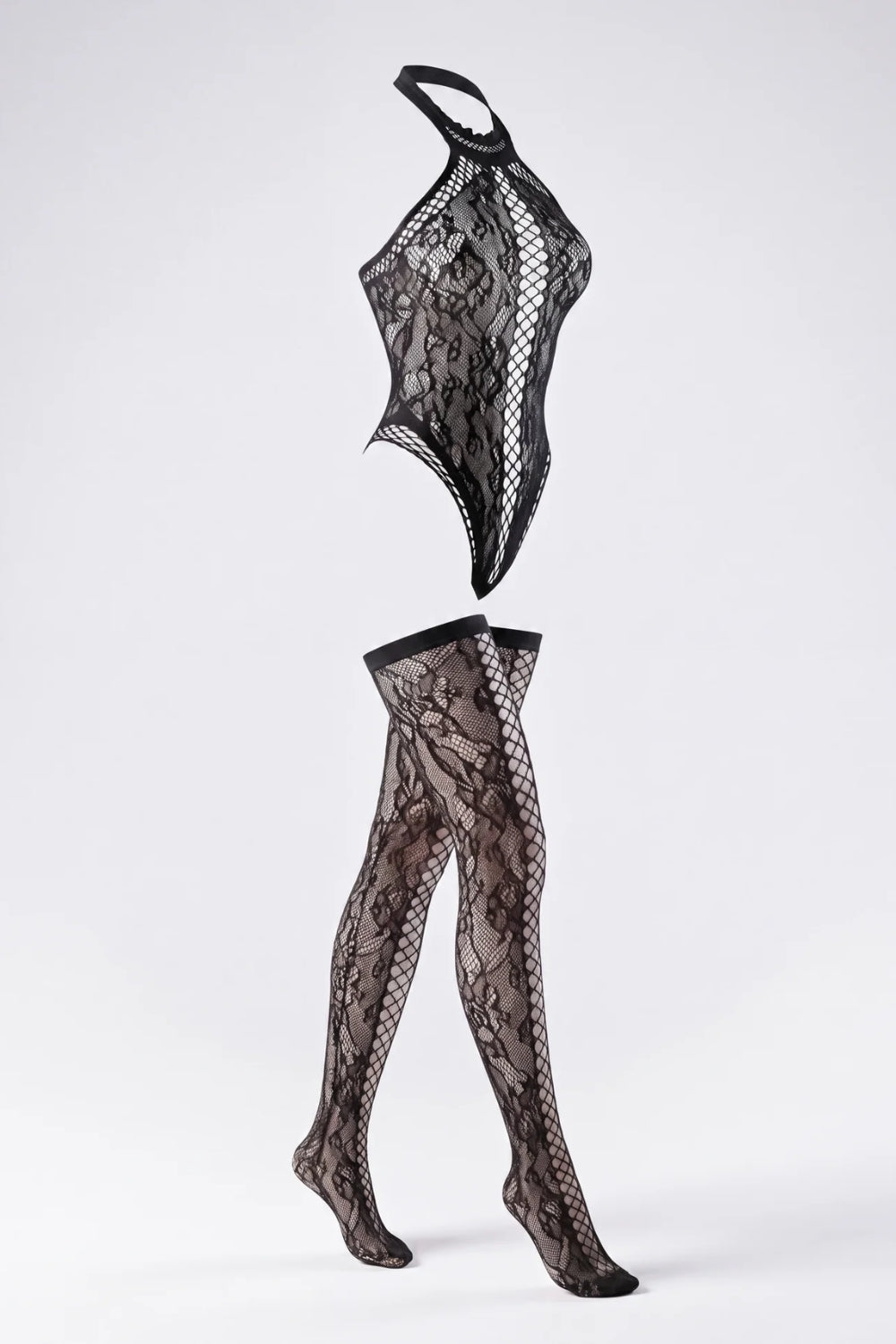 Lace fishnet halter full bodystocking in black #Color_Black