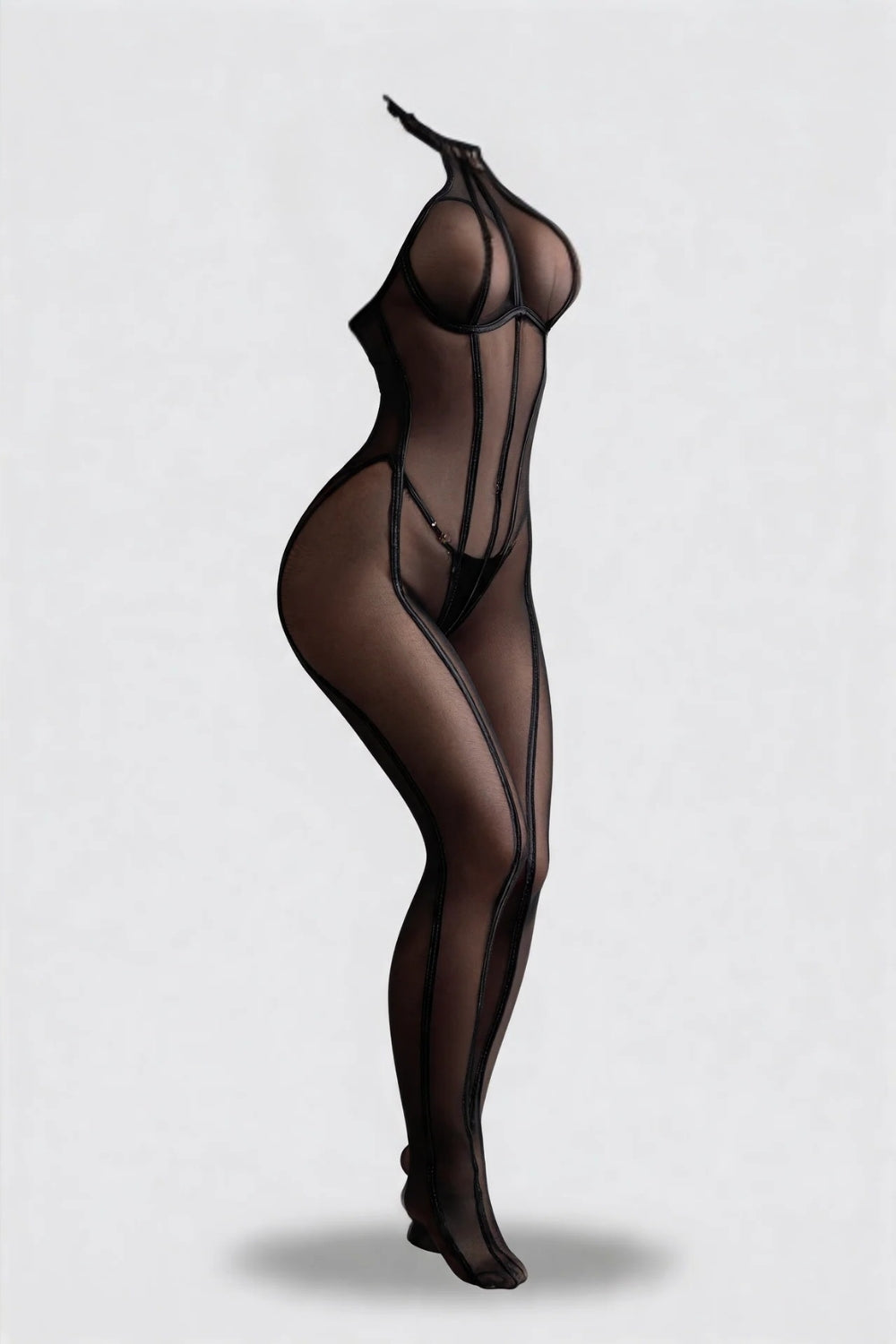 Sheer halter seam detail full bodystocking in black #Color_Black