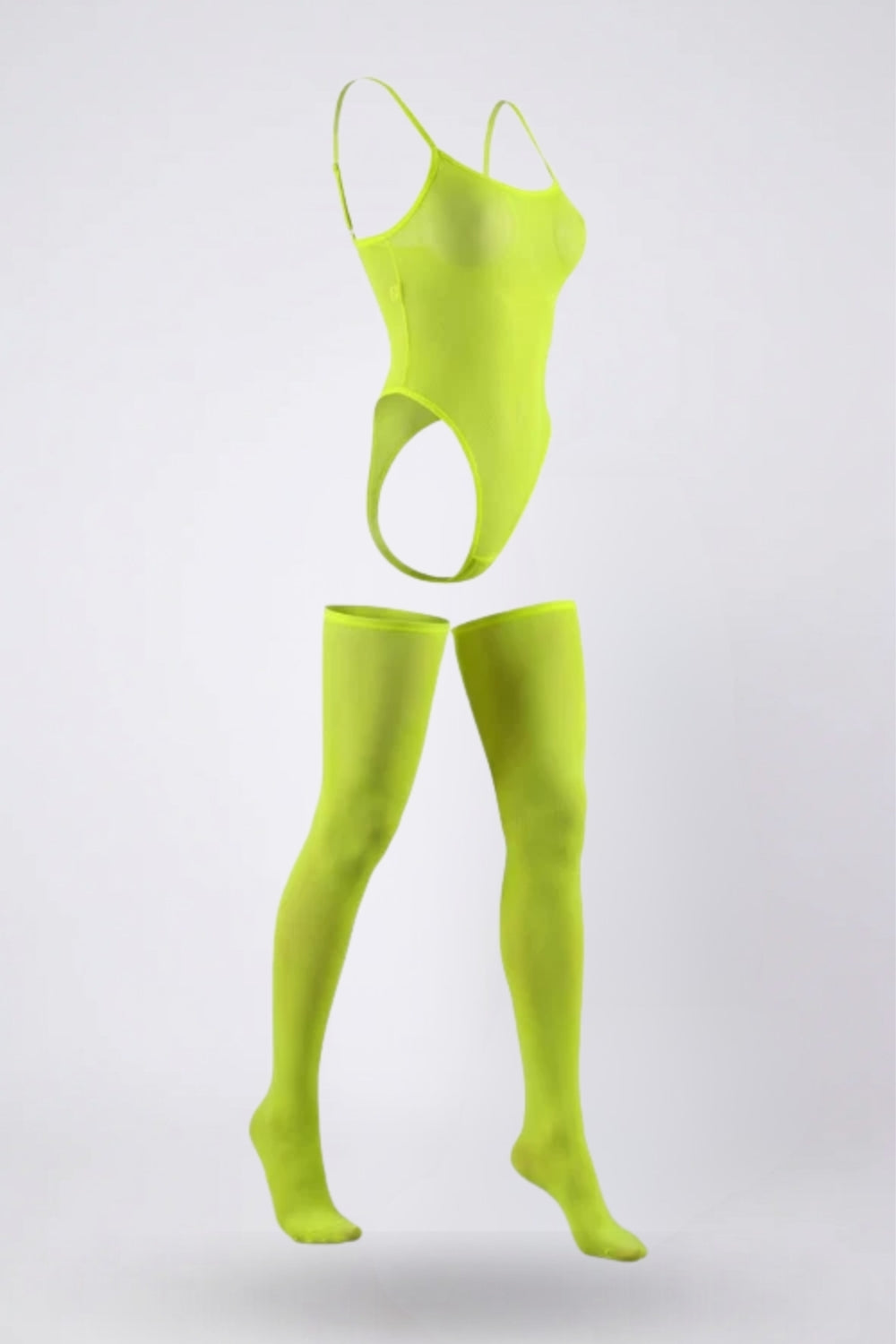 Sheer high-cut with matching thigh-highs full bodystocking in neon green#Color_Neon Green