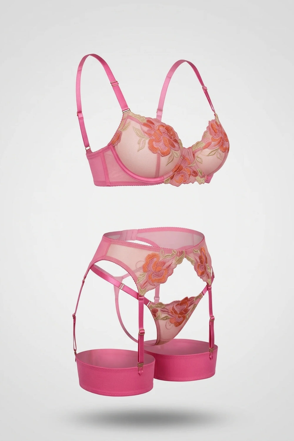 Floral embroidered garter – Four-piece lingerie set