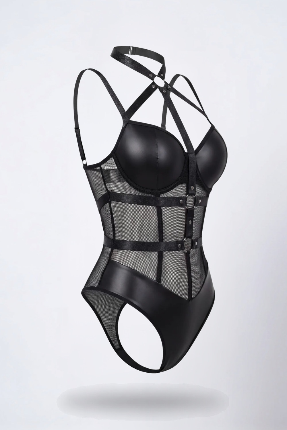 Strappy mesh cutout bodysuit in black